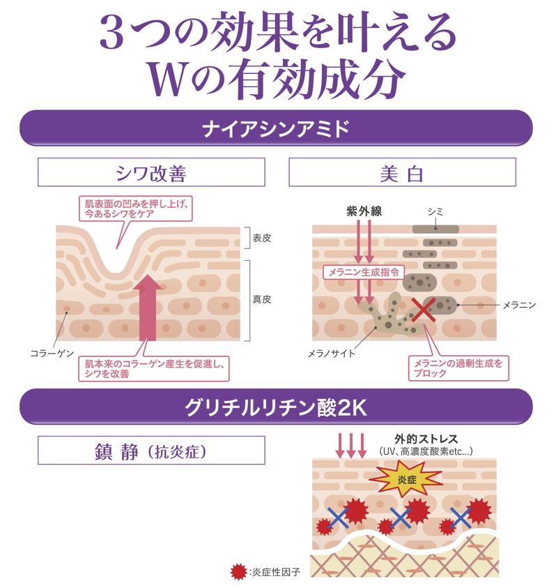 ナイアシンアミドとグリチルリチン酸ジカリウムの2つの有効成分で3つの効果を叶える