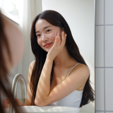 鏡の前でスキンケアをする女性