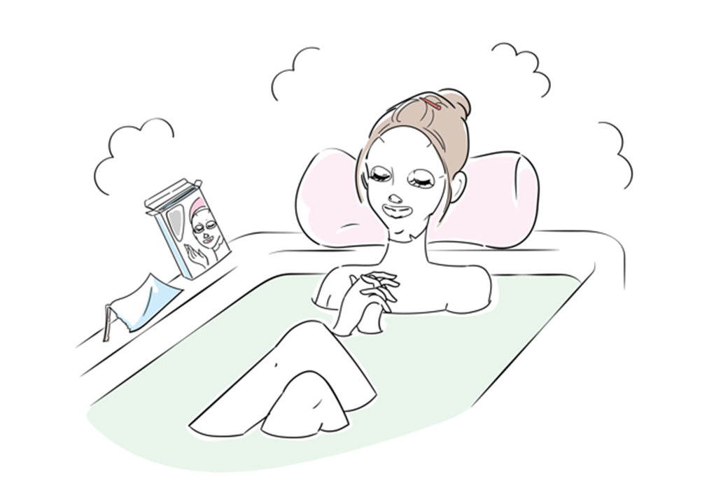 お風呂に浸かりながらパックをしている女性のイラスト