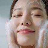 微笑みながら顔を洗う女性