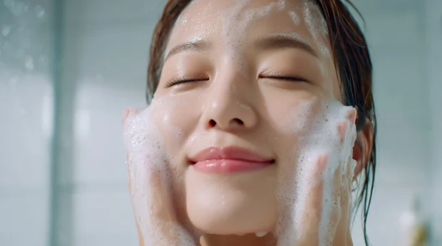 微笑みながら顔を洗う女性