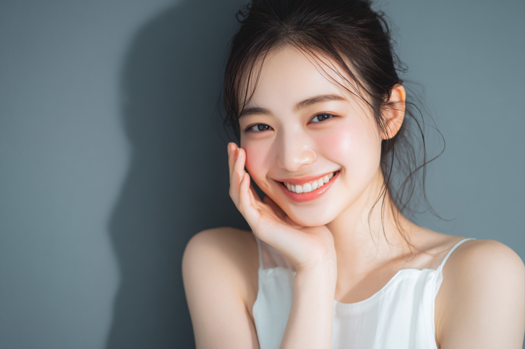 笑顔で頬に触れる女性